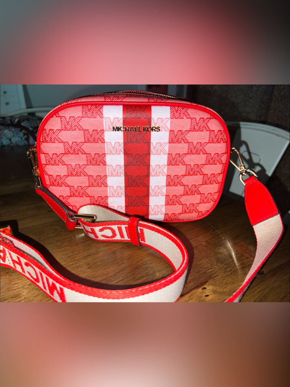 Michael Kors Red and White Logo Crossbody Camera Bag
